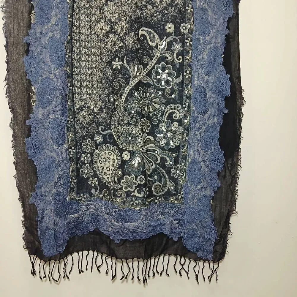Handmade fine 100% wool womens long scarf paisley blue black fringe patchwork